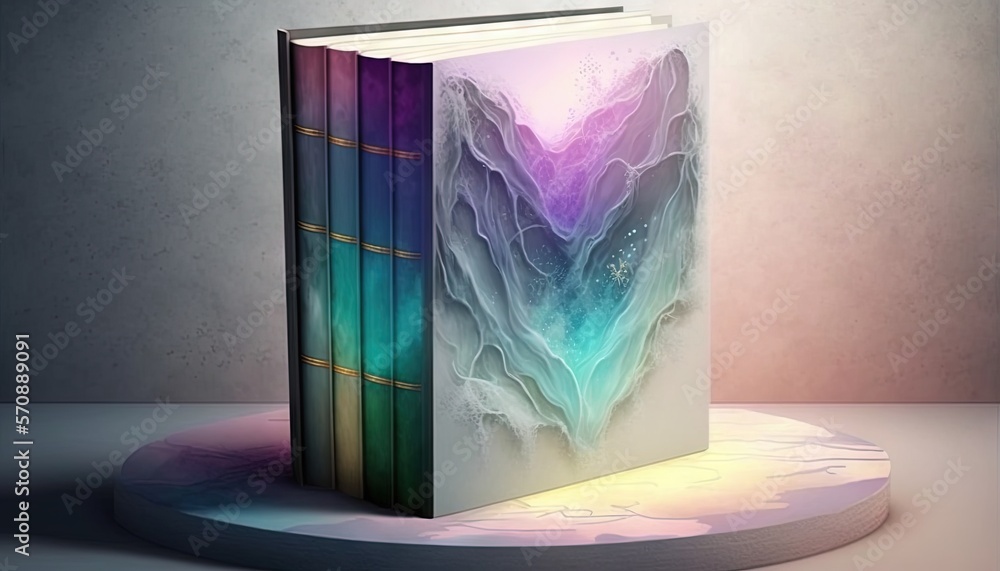 Poster a book that is sitting on top of a stand with a book in the shape of a heart on top of a book with a