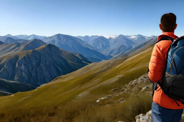 Fototapeta premium A man with a backpack stands with his back in the mountains. AI generative.