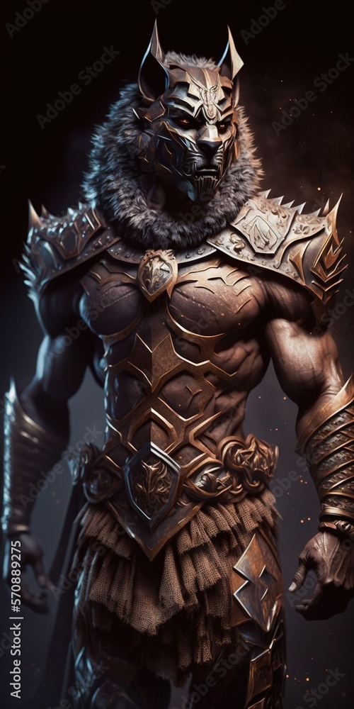 Poster a man in armor with a horned face and a sword in his hand, standing in front of a dark background wi