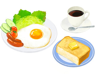 モーニングセット　目玉焼き　コーヒー　トースト