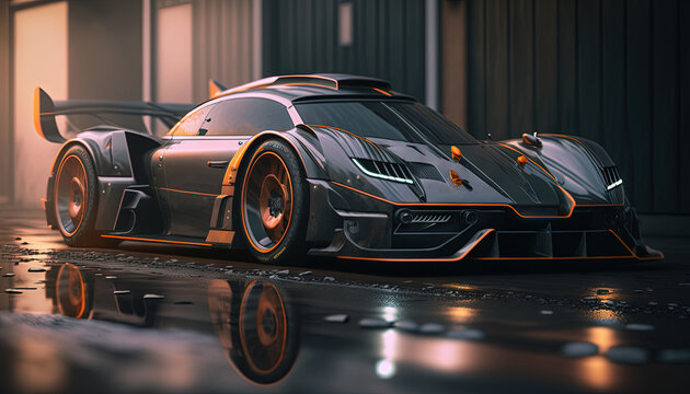  a black and orange Pagani Huayra BC on a wet road, with a building in the background The car is in focus, while the background is slightly blurred, giving the imag