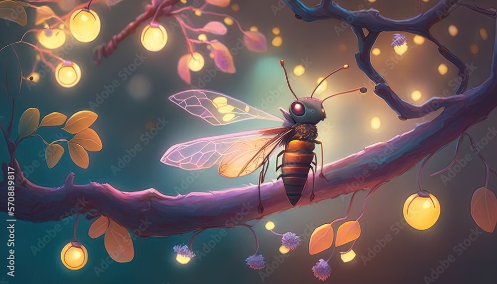 Poster a painting of a bee sitting on a tree branch with a lightbulb hanging from it's back and glowing lig