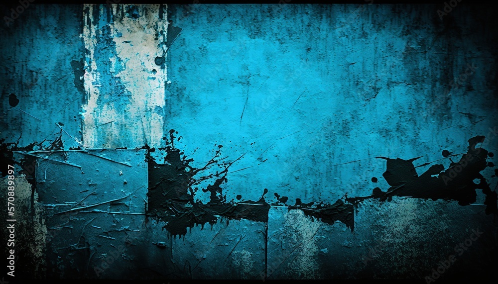 Poster a blue wall with peeling paint and a clock on the side of the wall and a clock on the side of the wa