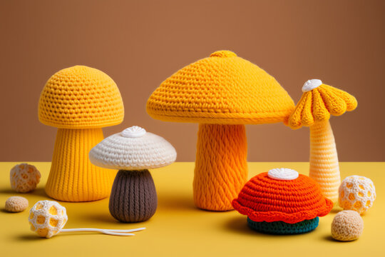 Mushroom Shape Knitting Art Illustration For Photos In Cafes, Restaurants, Dining Rooms, Colorful, Realistic