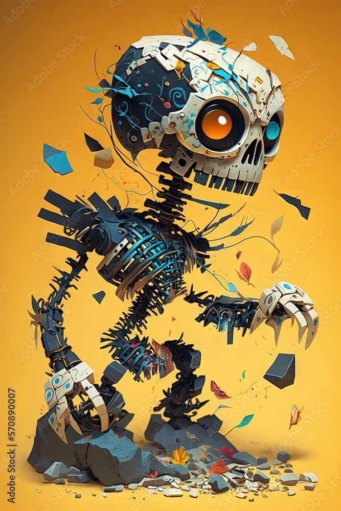 Poster a skeleton with a broken arm and a broken arm is standing in front of a pile of broken pieces of pap