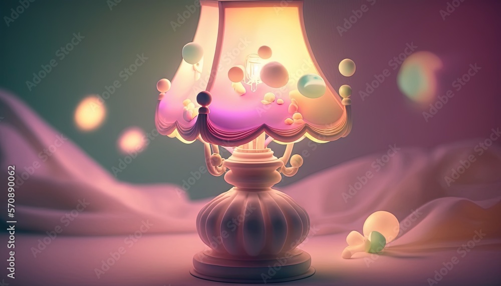 Poster a lamp with a pink shade on a purple background with bubbles and a butterfly on the table next to th