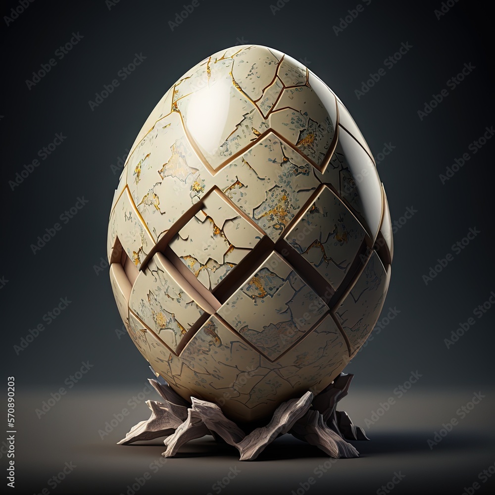 Poster an egg with a pattern on it sitting on a pedestal with a leaf on it's base and a black background be