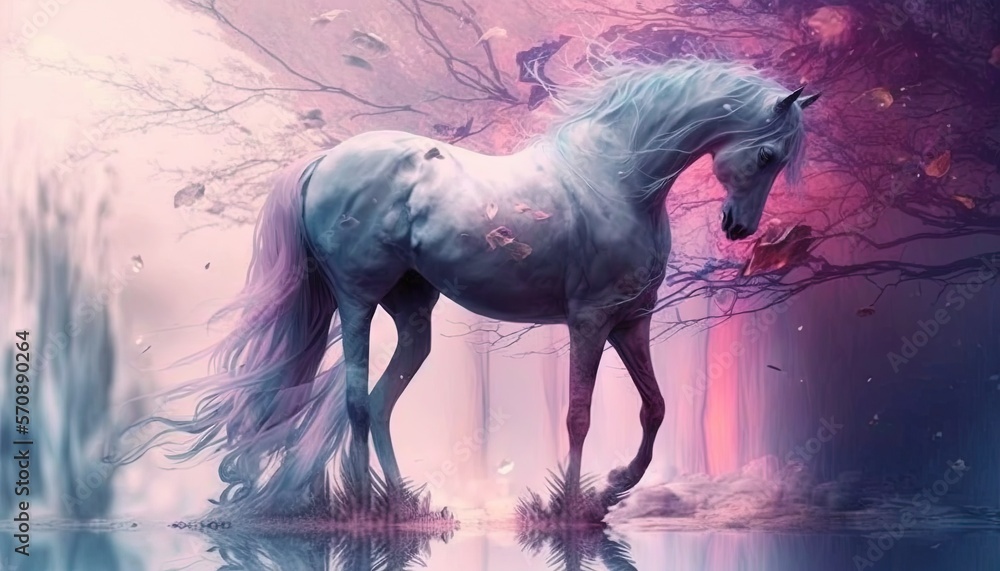 Poster a white horse is standing in the middle of a pond with trees in the background and a waterfall in th