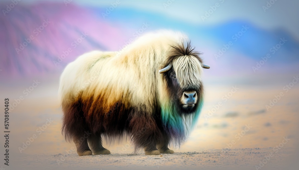 Poster a multicolored yak standing in a desert area with mountains in the background and a rainbow hued sky