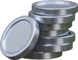 Stack of silver coin currency market financial or investment money banking treasure wealth cash and silver dollar pile economy with business earnings profit sign. 3D render