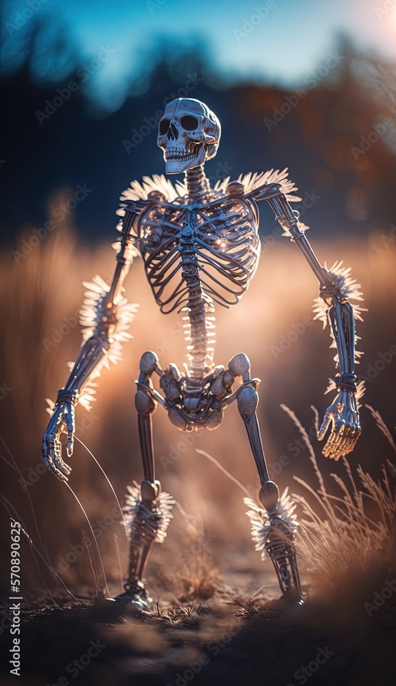 Poster a skeleton standing in the middle of a field with grass in the foreground and the sun in the backgro