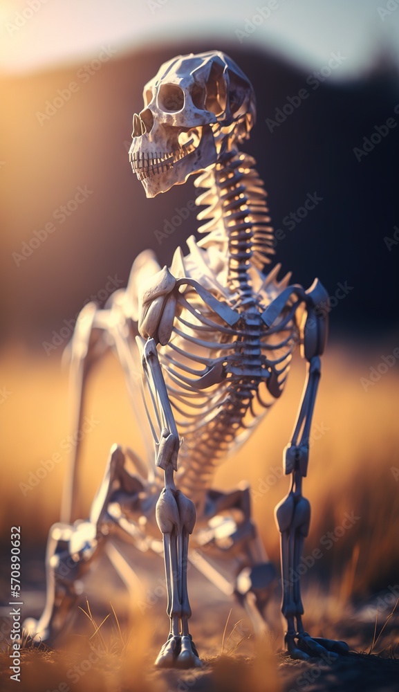 Poster a skeleton standing in a field with the sun shining behind it and the grass in the foreground is yel