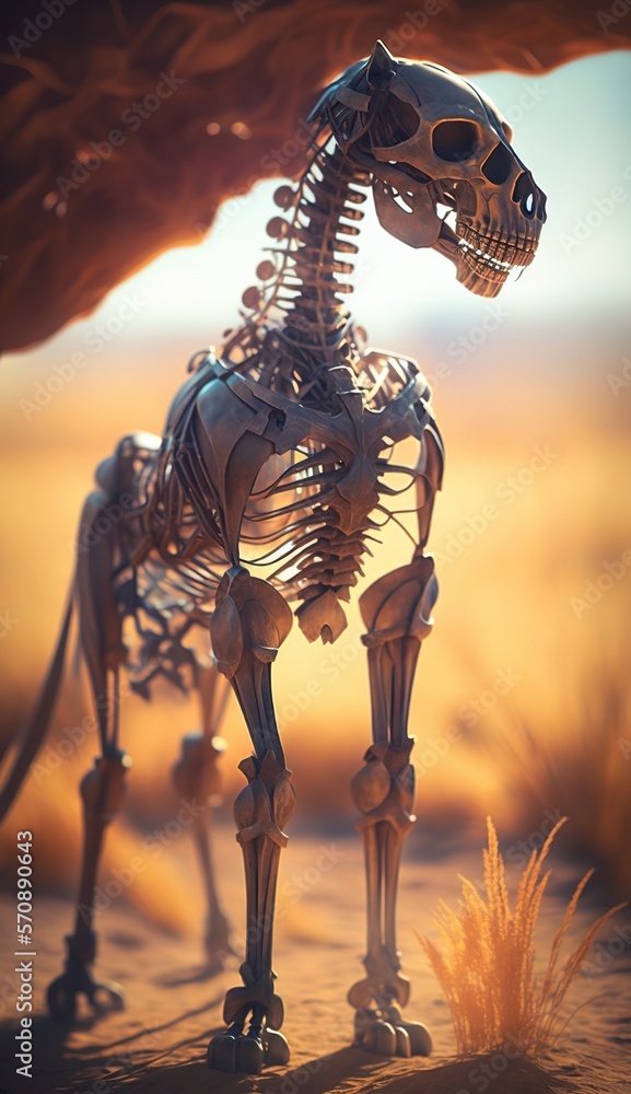 Poster a model of a skeleton horse in a desert setting with a sunset in the backgrouund of the image and a 