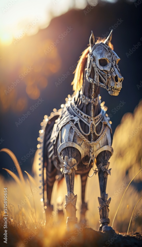 Poster a toy horse is standing in a field with grass and a mountain in the background with sunlight shining