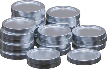 Stack of silver coin currency market financial or investment money banking treasure wealth cash and silver dollar pile economy with business earnings profit sign. 3D render