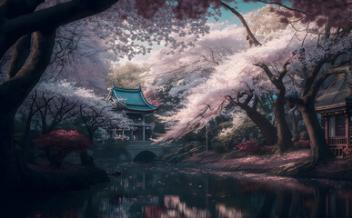 japanese house in the forest with the bridge