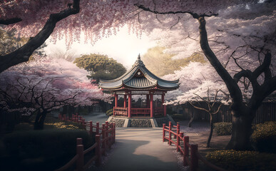 japanese temple in the spring morning