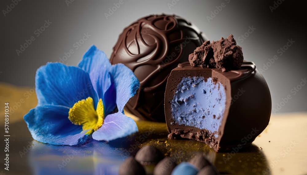 Aufkleber two chocolates with a flower on a table next to them and a blue flower on the side of the chocolates