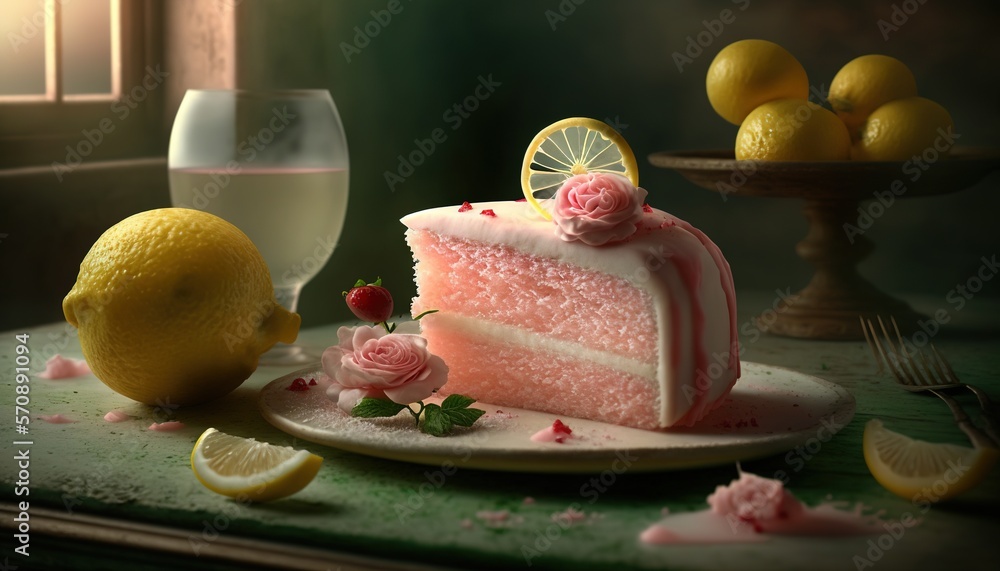 Poster a piece of cake with a slice of lemon on a plate next to a glass of water and a lemon slice on a pla