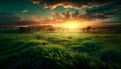 Beautiful sunset with dramatic sky at golden hour over green fields and farms field, generative ai