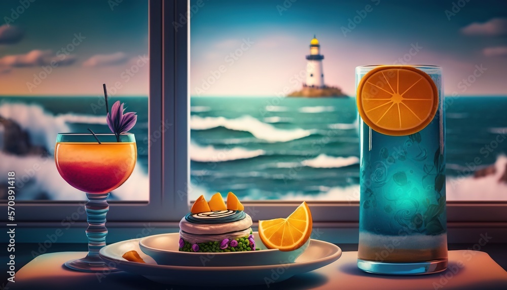 Poster a table with two drinks and a cake on it