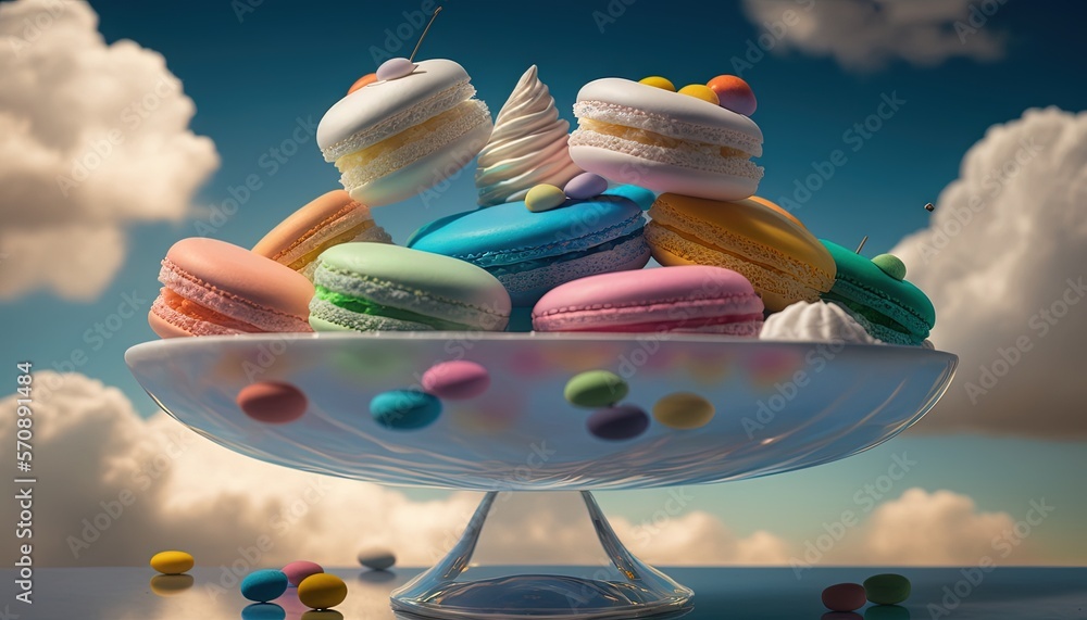 Aufkleber a bowl filled with lots of colorful macaroons on top of a blue sky with clouds in the background and