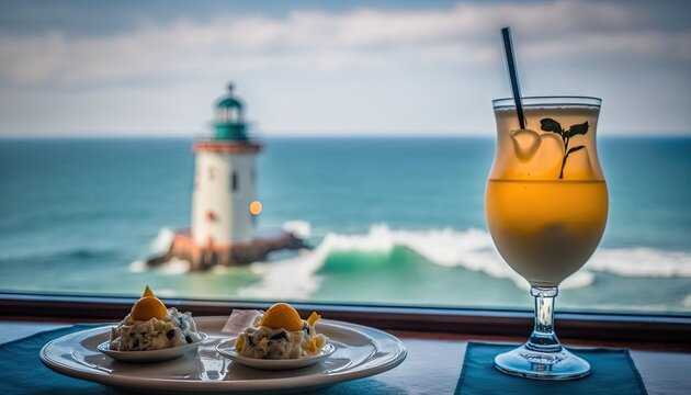  a plate of food and a drink on a table with a view of the ocean and a light house in the distance with a boat in the distance.  generative ai