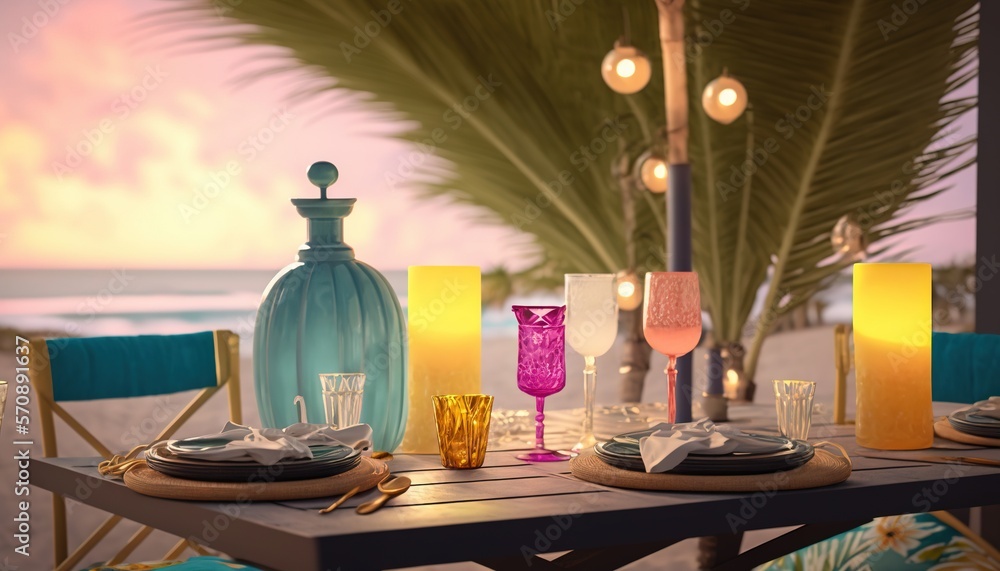 Poster a table set with plates, glasses, and a bottle of wine on a beach with a palm tree in the background