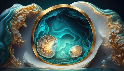 Ocean blue marble swirl with gold abstract background Made With Generative AI