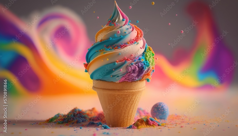Aufkleber a colorful ice cream cone with sprinkles on top of it and a ball of sprinkles on the ground next to 