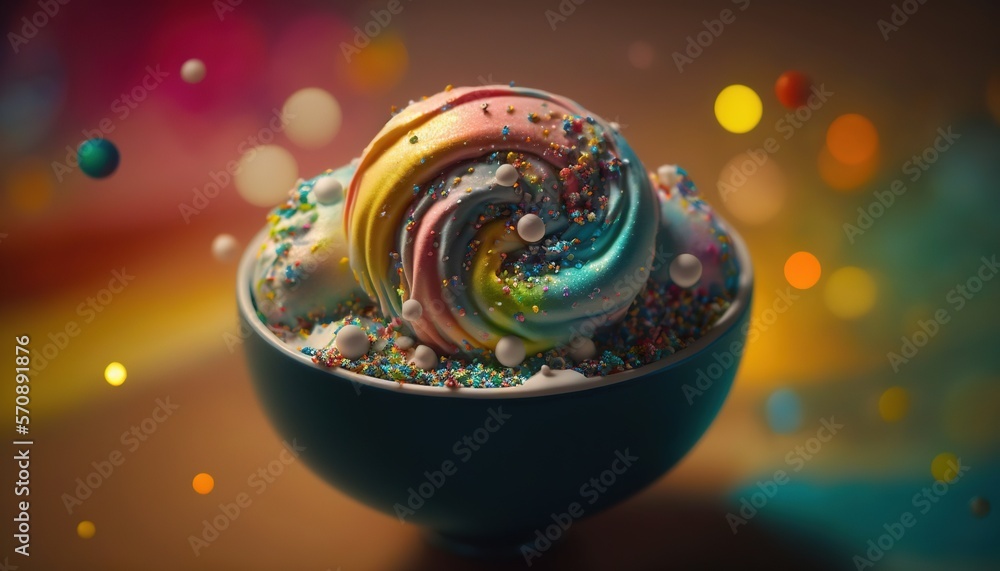 Poster a bowl of ice cream with sprinkles and a banana in it on a table with a blurry background of confett