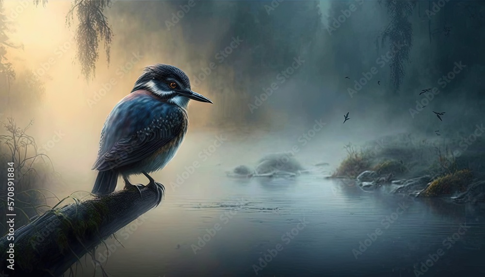 Poster a painting of a bird sitting on a branch in the middle of a river with fog and birds flying around t