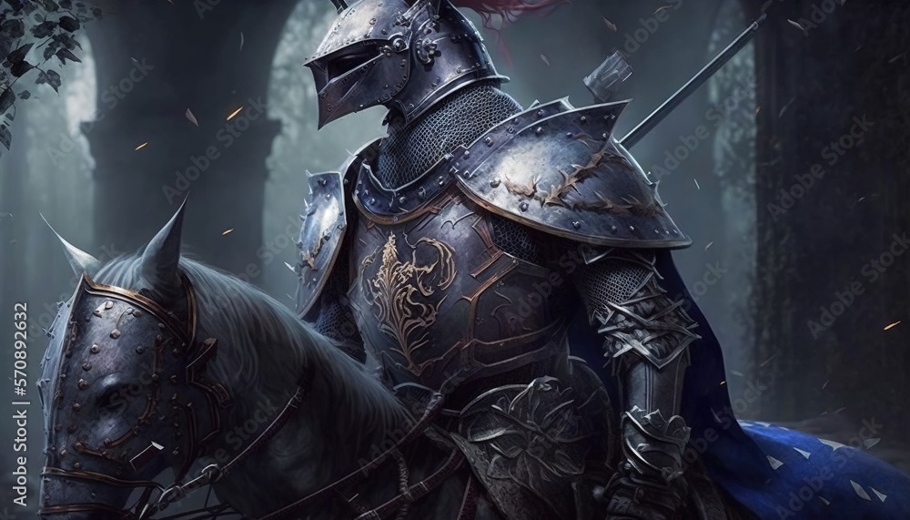 Poster a knight riding on the back of a horse in a forest with trees in the backgroud and a forest behind h