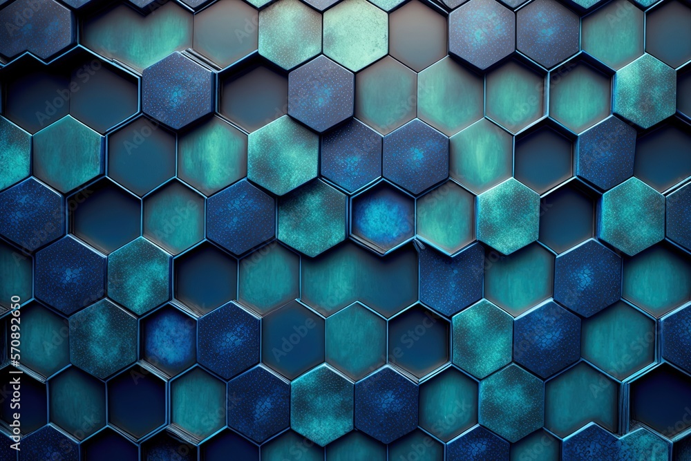 Poster hexagonal mosaic tiles with a variety of textures, installed in a wall pattern. layers of glazed bri