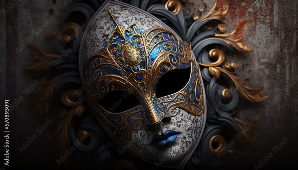 Poster a close up of a mask on a wall with a decorative design on it's face and a blue eye patch in the mid