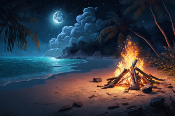 Bonfire at tropical beach at night. generative AI