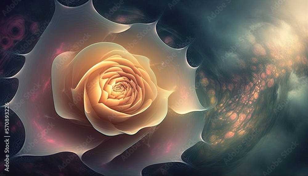 Poster a computer generated image of a flower in a spiral pattern with a black background and a yellow cent
