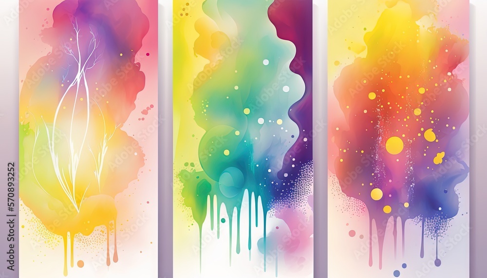 Aufkleber a set of three vertical banners with colorful paint splattered on them and a splash of paint on the 