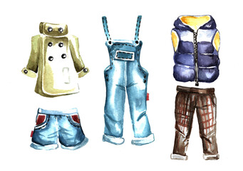 A set of spring clothes for a child: a coat, denim overalls and trousers, a vest and blue shorts. Hand drawn watercolor illustration isolated on white background - obrazy, fototapety, plakaty