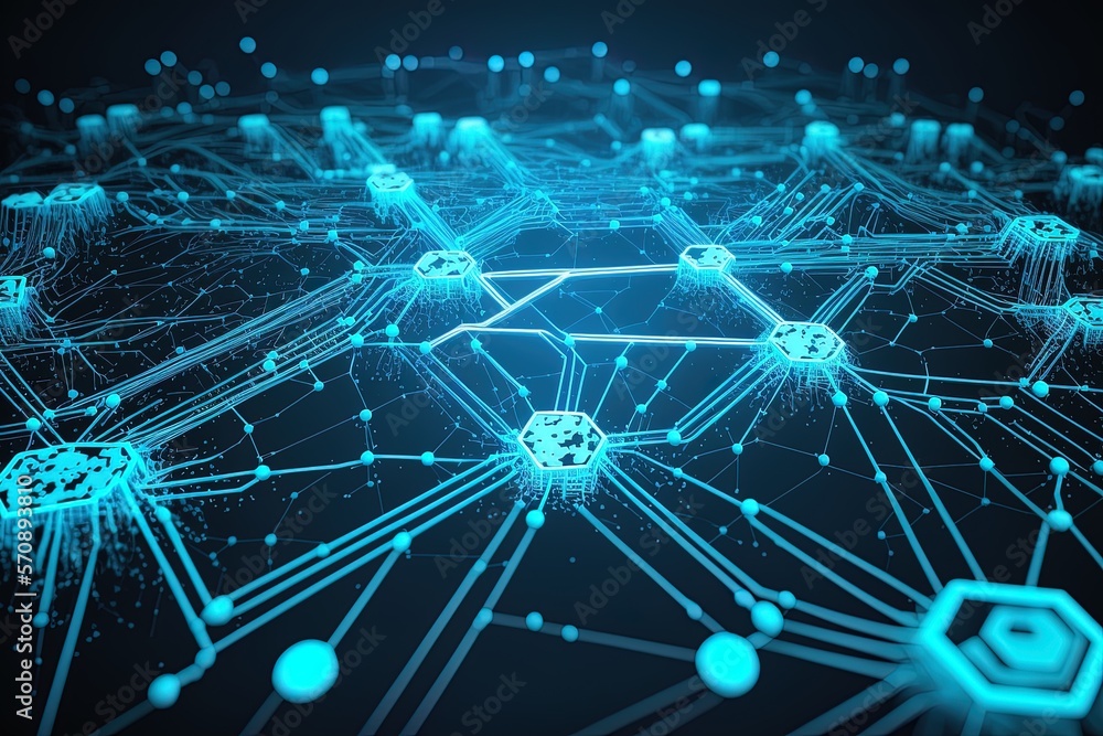 Poster high-tech, blue, and future-looking, with lines for networking. the idea of a digitally connected wo