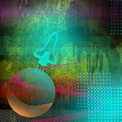 Surrealer Weltraum-Hintergrund mit Planeten und Raumschiffstart