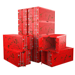 3D design of cargo containers for storage transportation illustration. 3D design lot of red colored scratched cargo with open and closed doors