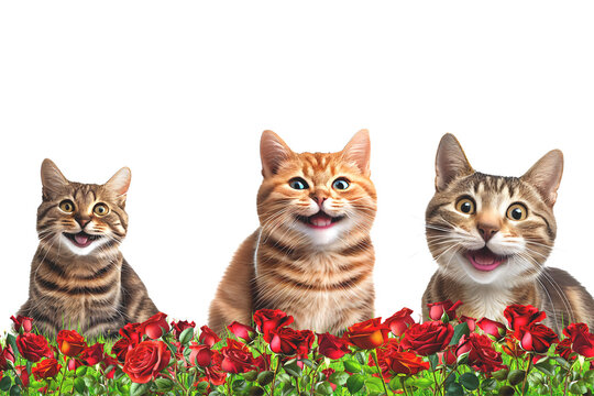 Cute cat is happy in a field of red roses.