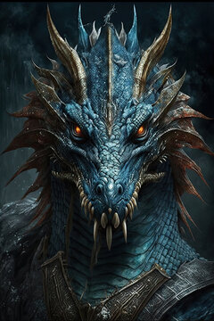 realistic style drawing of a dragon, face with intense eyes, illustration, Generative ai