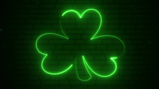 Saint Patrick's Day background: Irish bar styled glowing neon shamrock with floating green particles on brick wall texture. This motion background is full HD and a seamless loop.