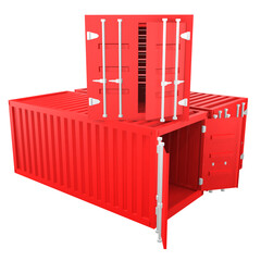 3D design of cargo containers for storage transportation illustration. 3D design of three red colored cargo with open and closed doors, side view illustration
