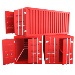 3D design of cargo containers for storage transportation illustration. 3D design of three red colored cargo with open and closed doors, front view illustration