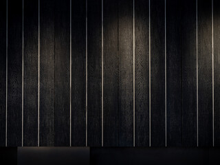 Black wood texture background, vertical style. Dark wooden plank wall striped pattern decoration in dark room with the lighting from spotlight.