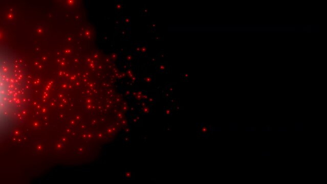 Flying random red stars and space dust in black galaxy, motion abstract cinematic, cosmos and holiday style background
