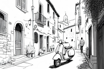 Italy. Street in Roma, vintage scooter - sketch illustration for coloring book.